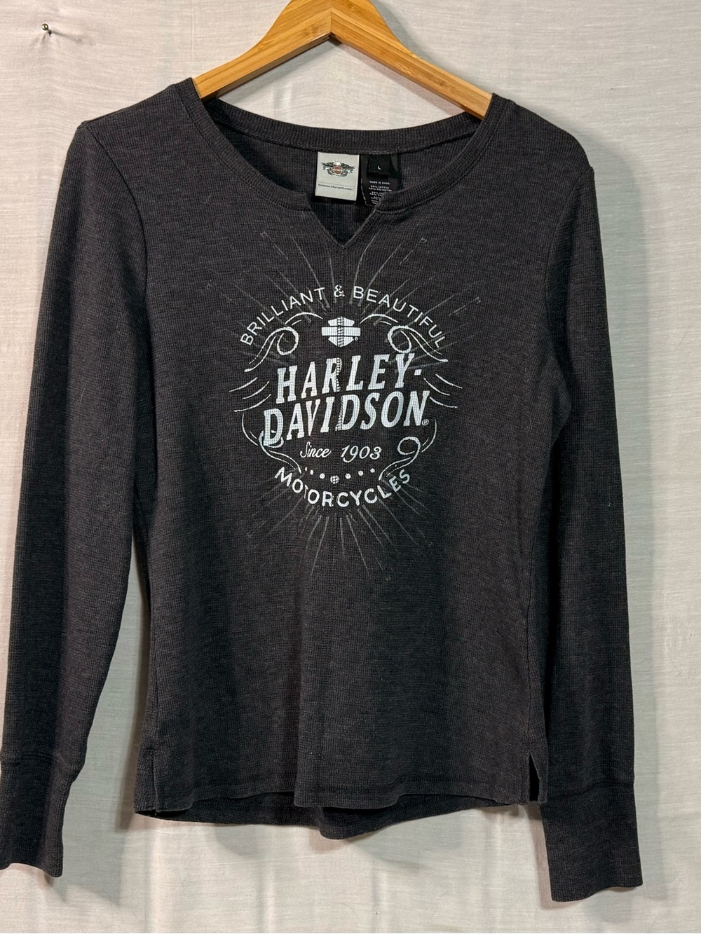 Harley-Davidson Gray Thermal Waffle Knit Long Sleeve Top L